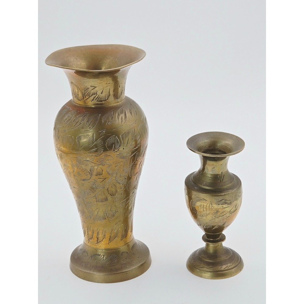 Vintage Etched Brass Vase Set Hand Engraved Floral Design 2 Piece Gold Decor